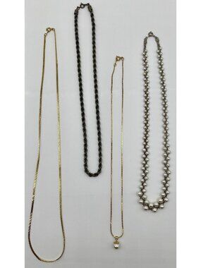 Lot of Four Vintage Gold-Tone Metal and Silver-Tone Metal Necklaces, Faux Pearls